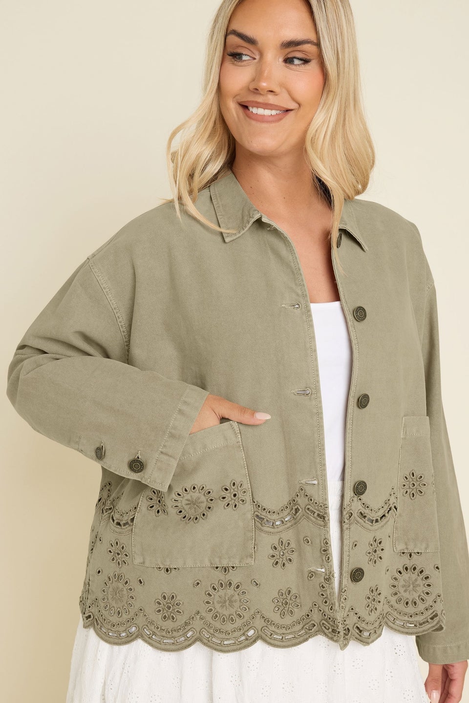 Yours Curve Khaki Green Broderie Anglaise Twill Shacket