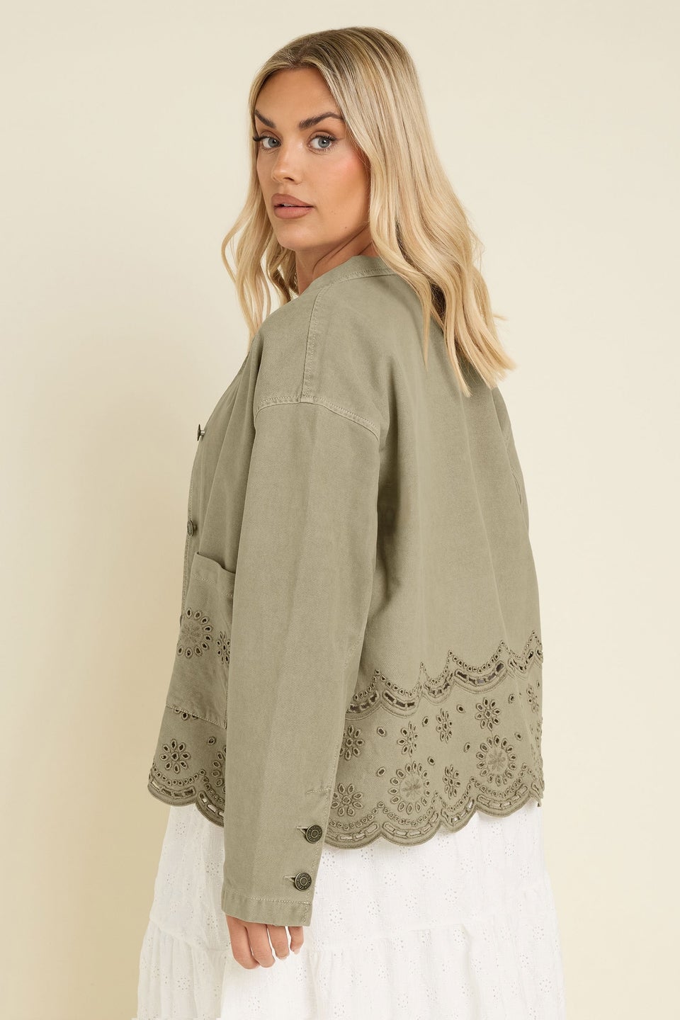 Yours Curve Khaki Green Broderie Anglaise Twill Shacket