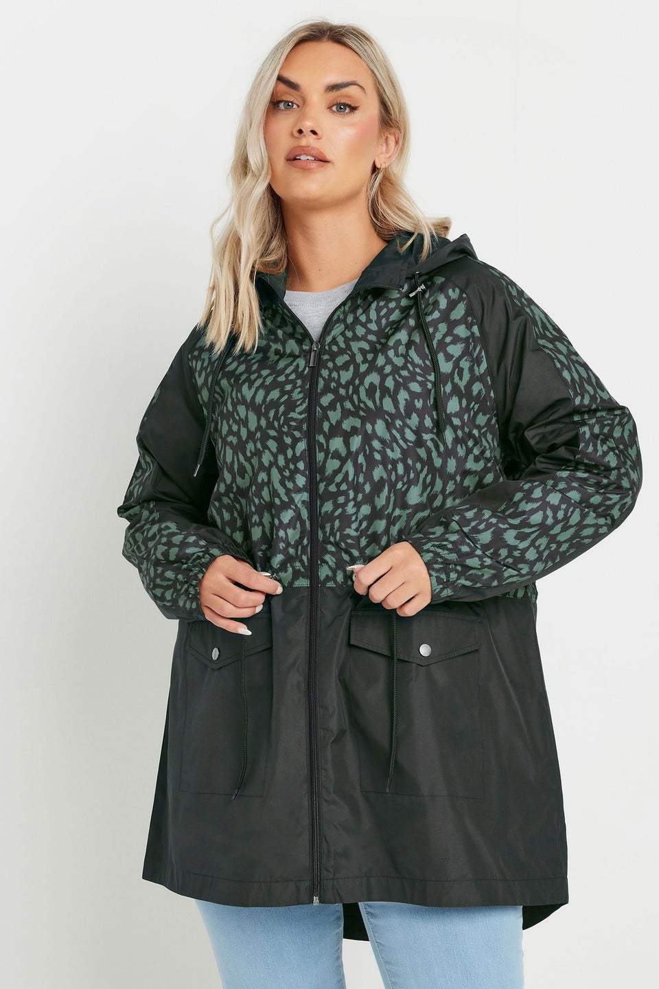 Yours Curve Green & Black Colourblock Lightweight Parka Jacket