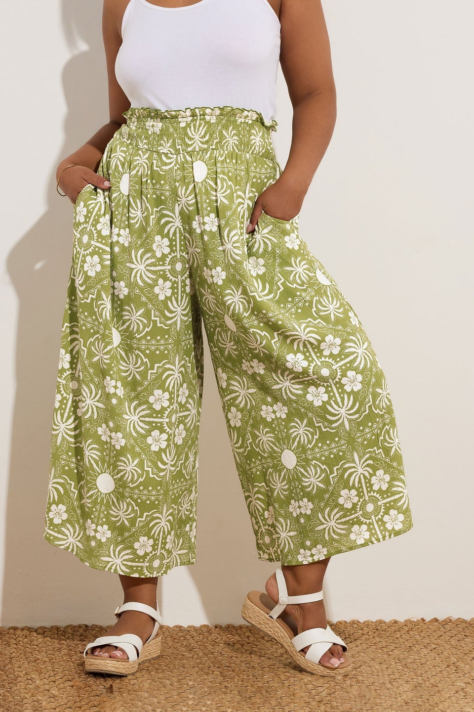 Yours Curve Green Palm Print Shirred Midaxi Culottes