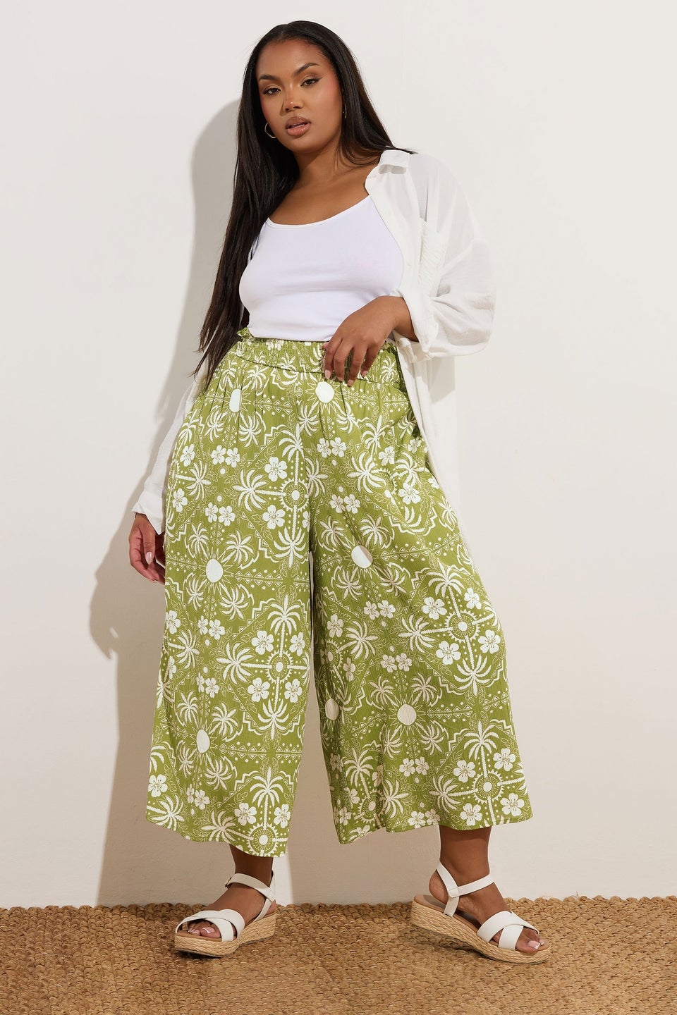 Yours Curve Green Palm Print Shirred Midaxi Culottes
