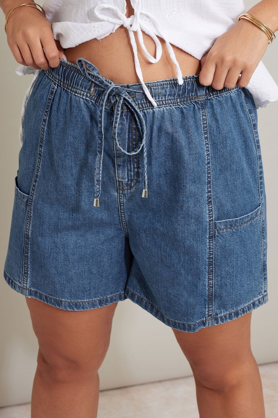 Yours Curve Mid Blue Tie Waist Denim Shorts