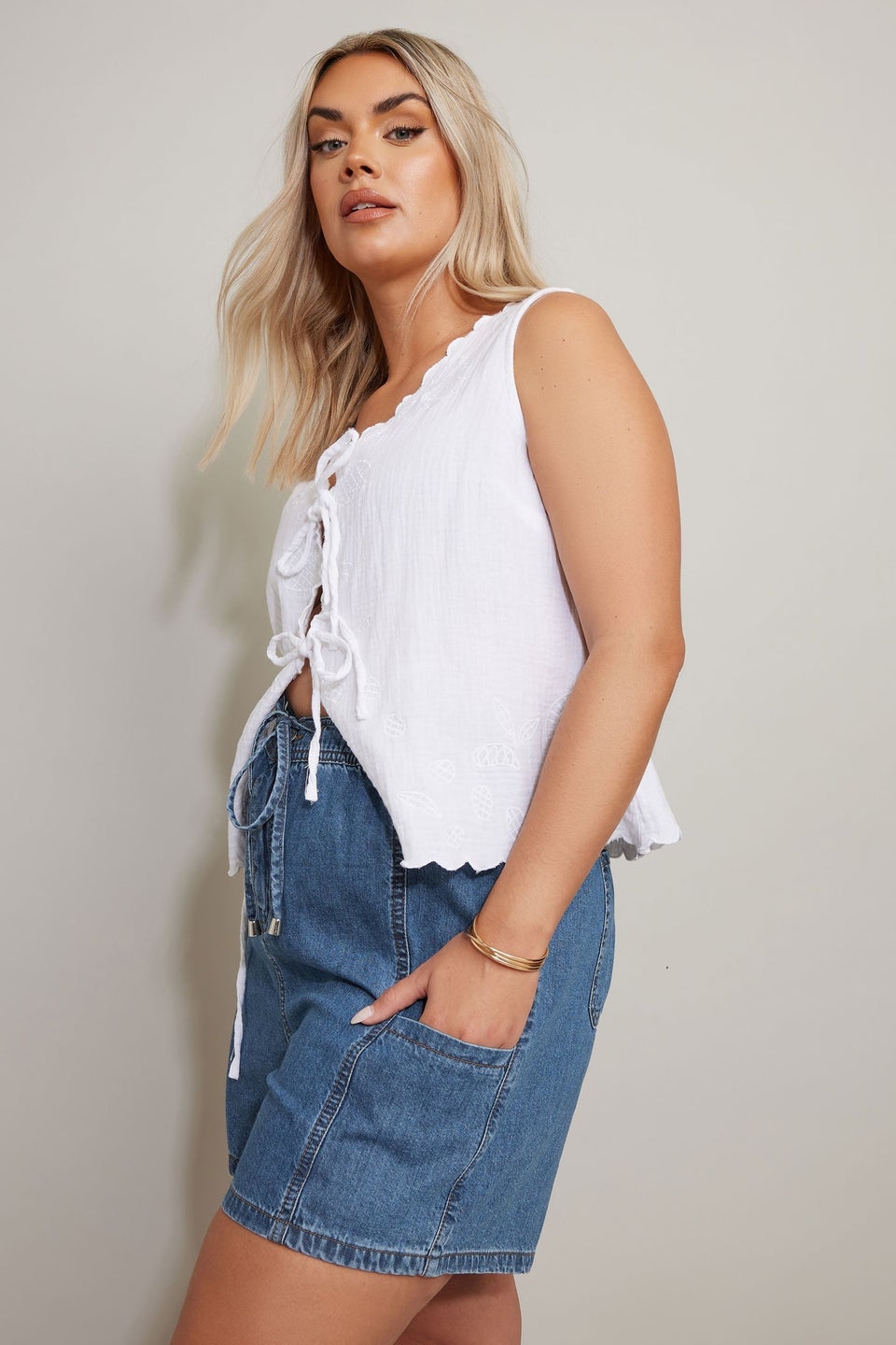 Yours Curve Mid Blue Tie Waist Denim Shorts