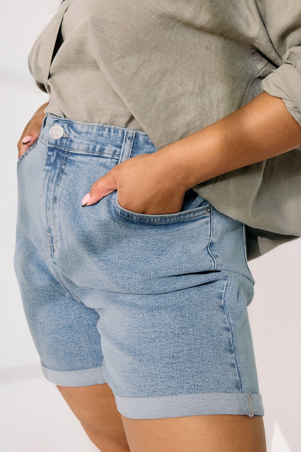Yours Curve Light Blue Turn Up Stretch Denim Mom Shorts
