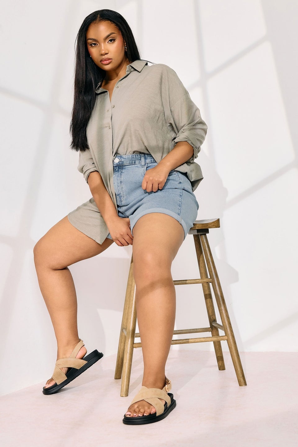 Yours Curve Light Blue Turn Up Stretch Denim Mom Shorts