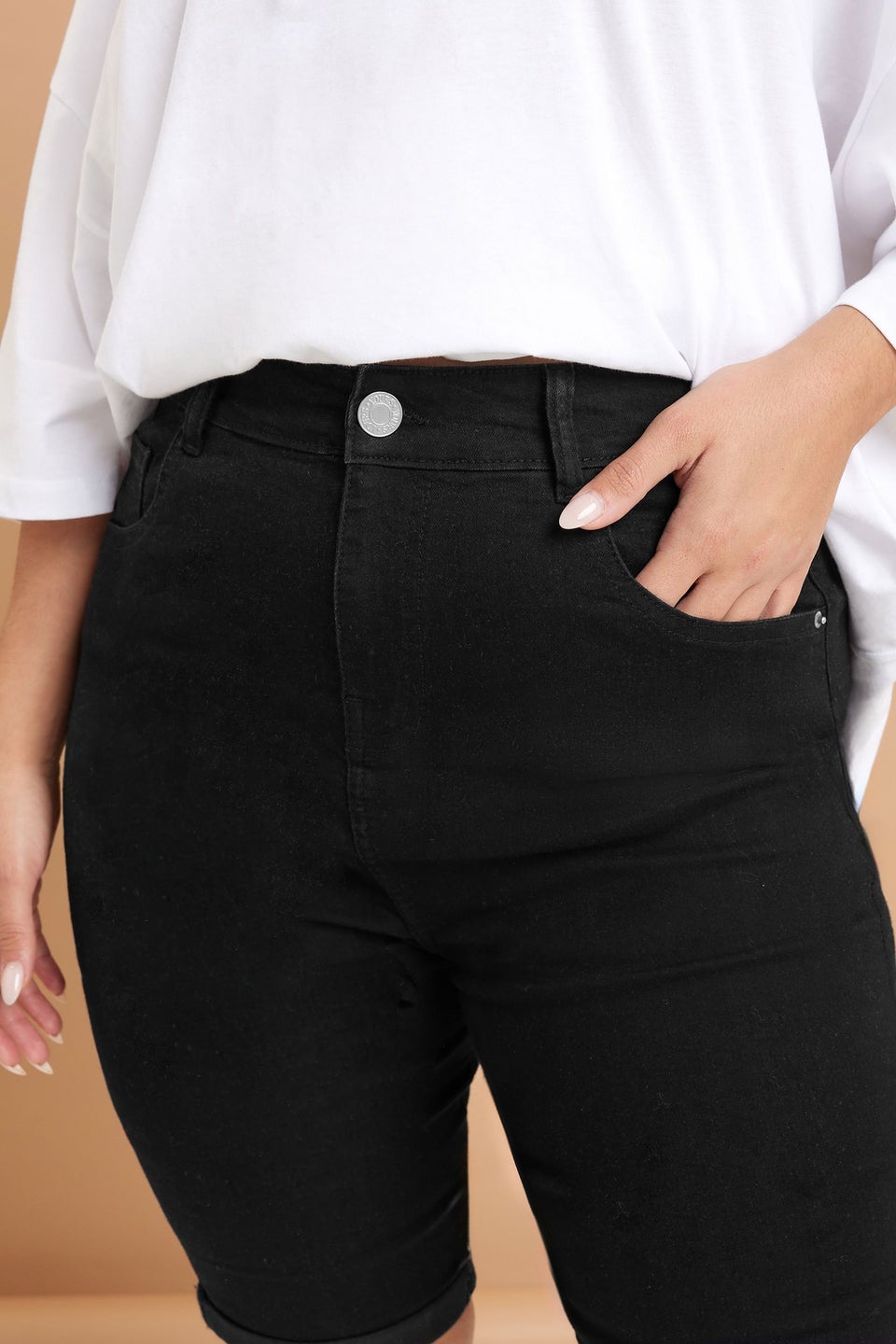 Yours Curve Black Turn Up Denim Shorts