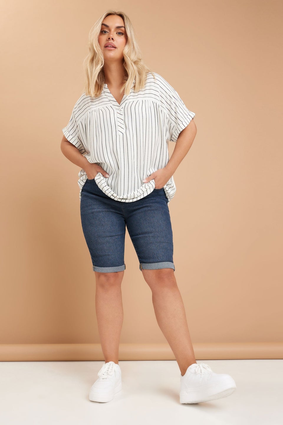Yours Curve Mid Blue Turn Up Denim Shorts