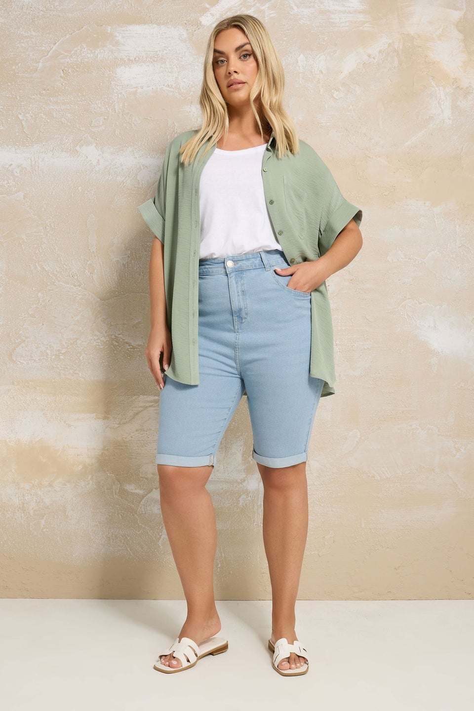 Yours Curve Light Blue Turn Up Denim Shorts