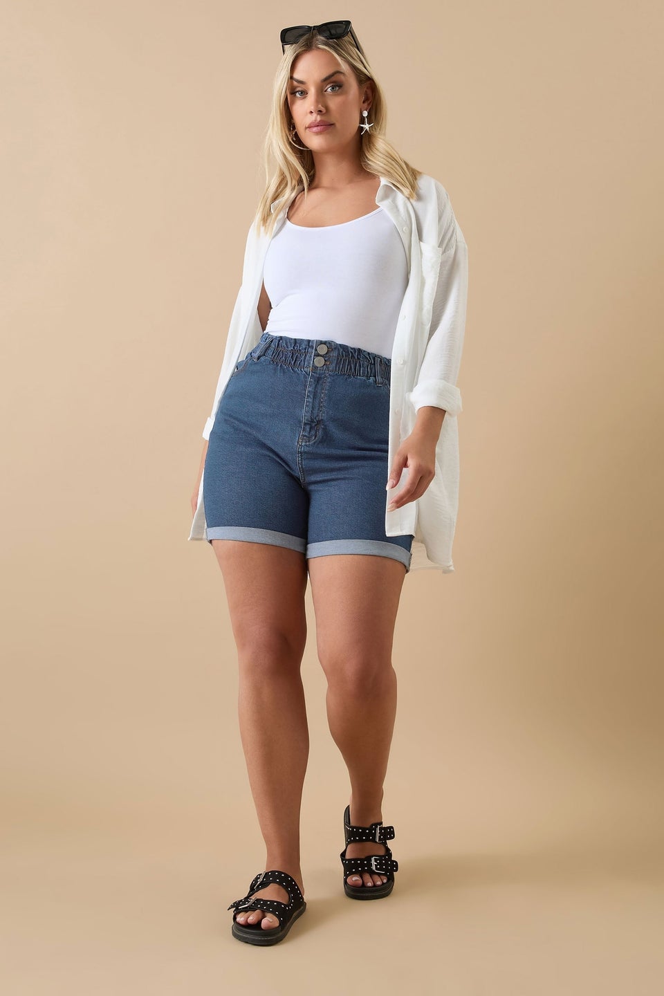 Yours Curve Mid Blue Elasticated Waist Turn Up Denim Shorts