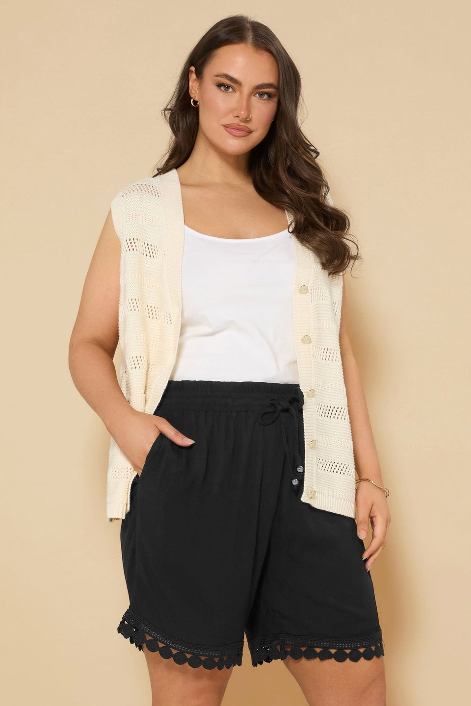 Yours Curve Black Crochet Trim Crinkle Shorts