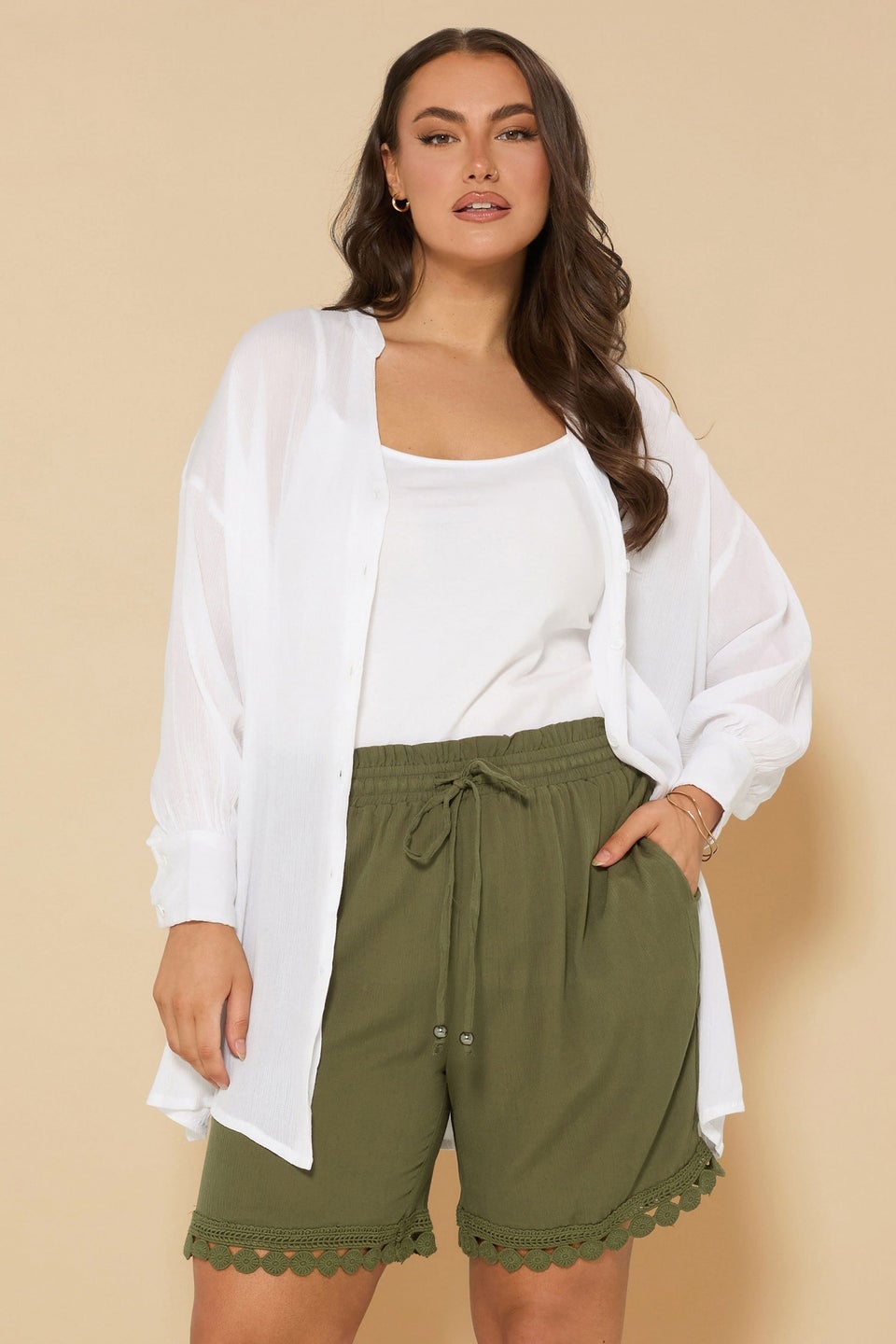 Yours Curve Khaki Green Crochet Trim Crinkle Shorts