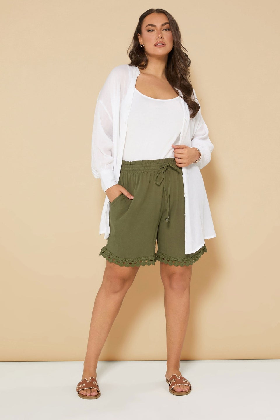 Yours Curve Khaki Green Crochet Trim Crinkle Shorts
