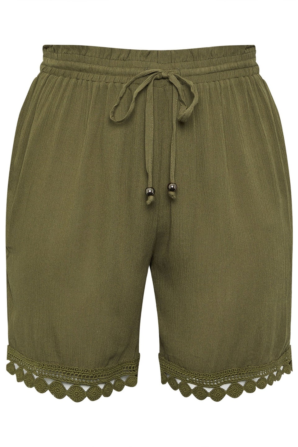 Yours Curve Khaki Green Crochet Trim Crinkle Shorts