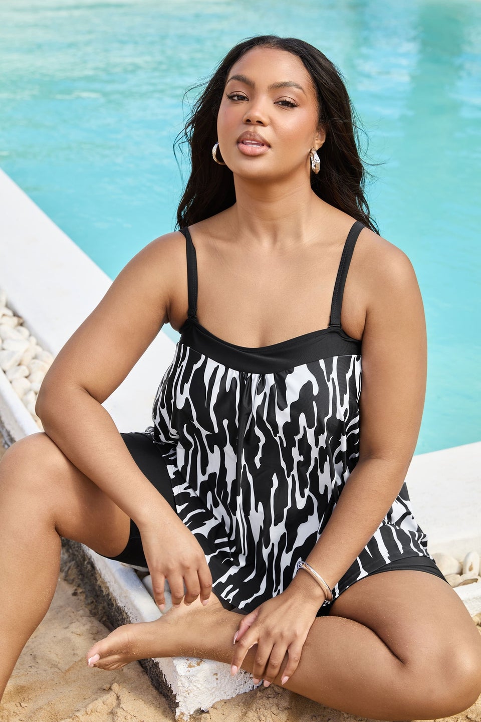 Yours Curve Black & White Abstract Print Tankini Top