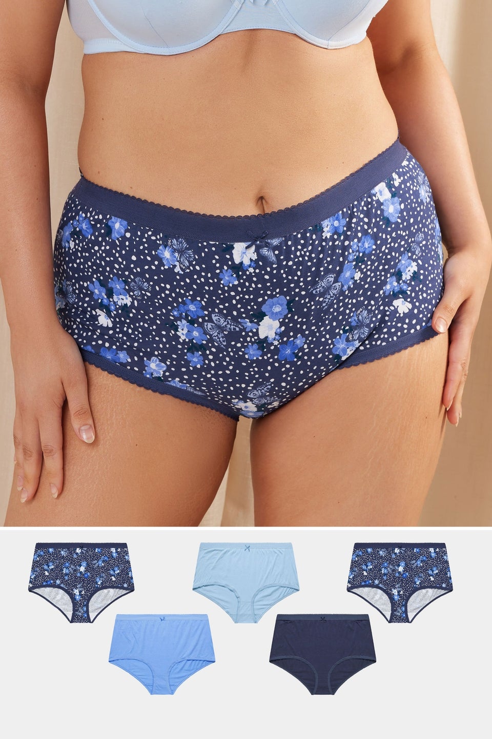 Yours 5 Pack Curve Blue Butterfly Print High Waisted Full Briefs