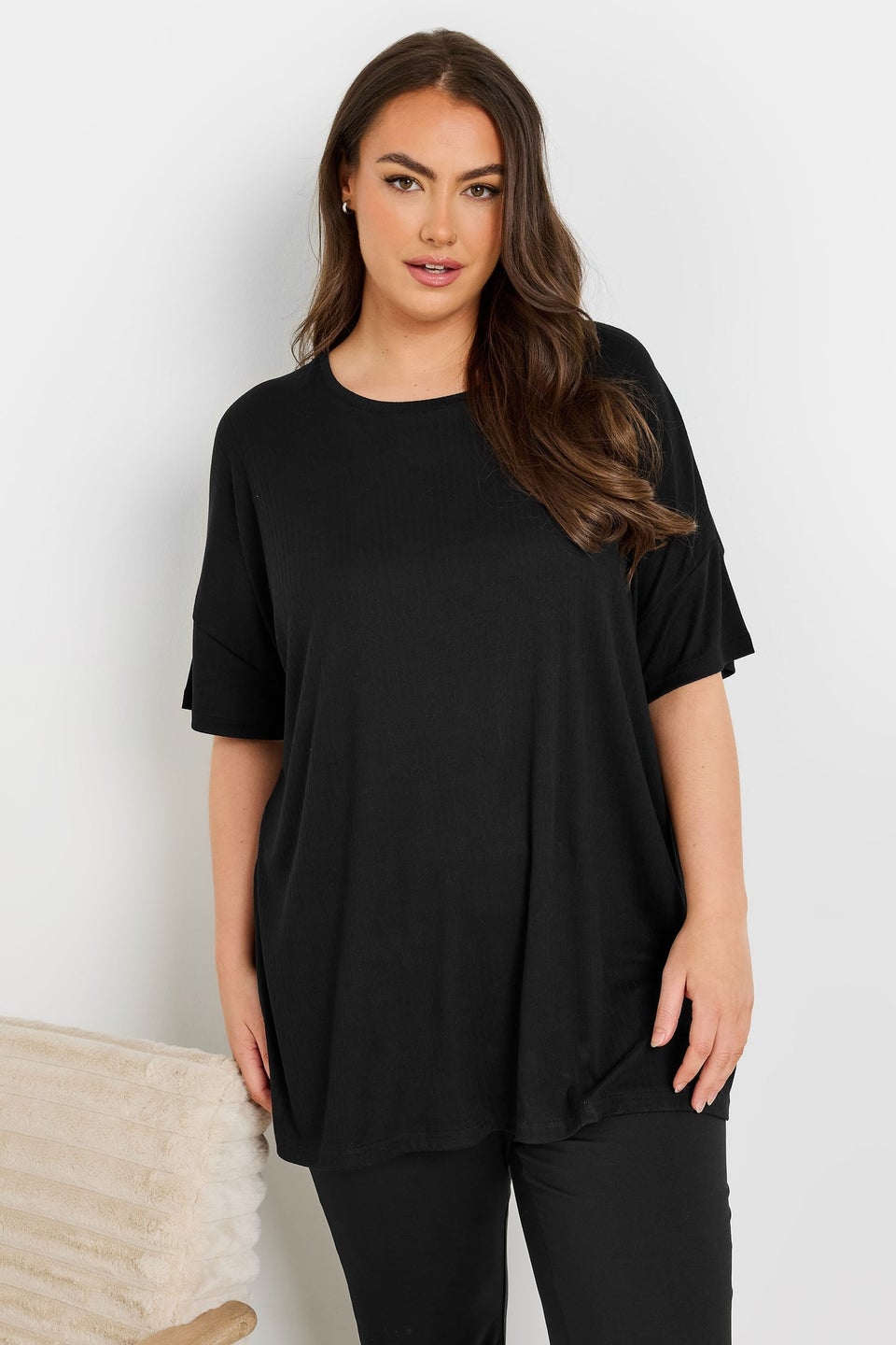Yours Curve Black Soft Touch Ribbed Pyjama Top