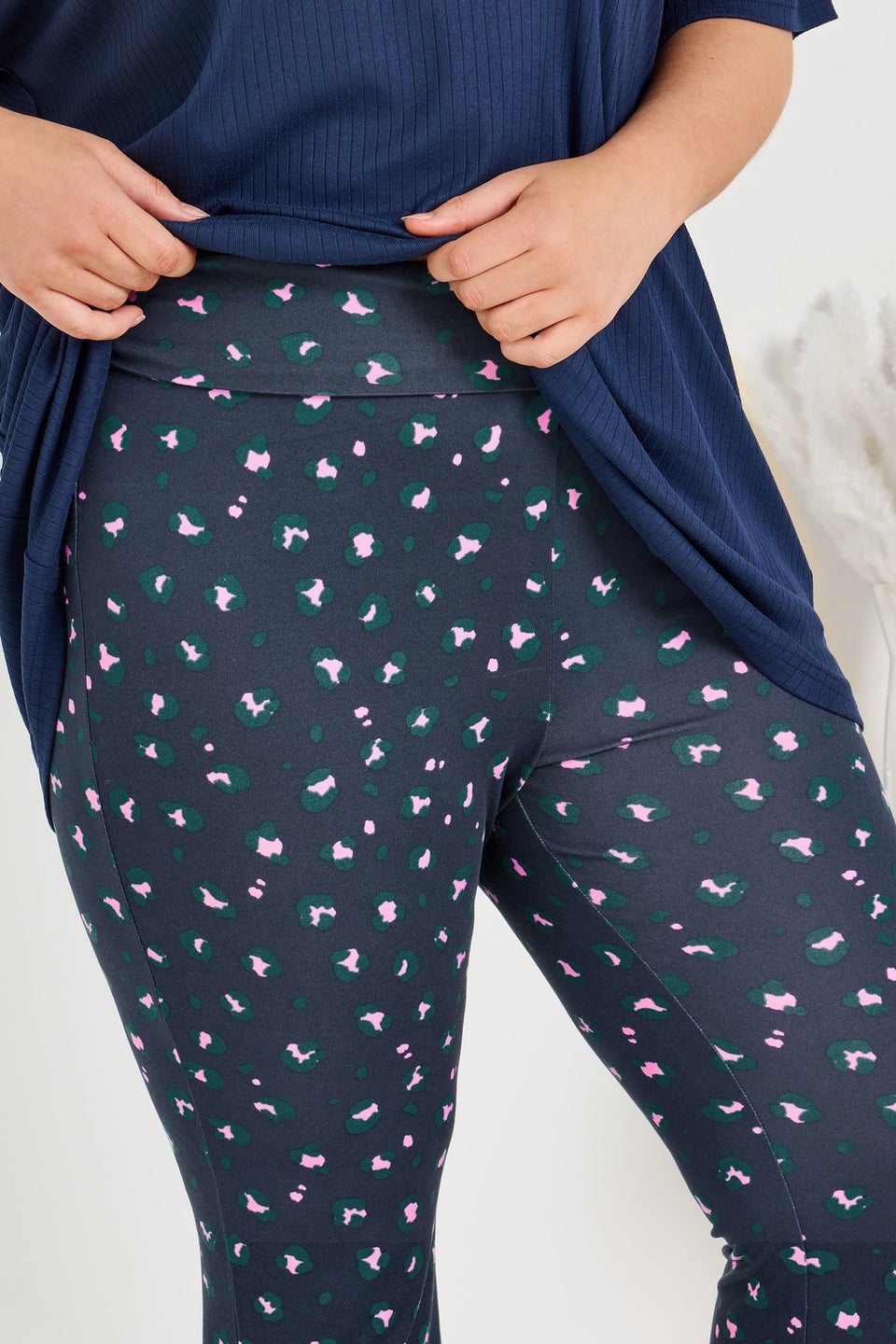 Yours Curve Navy Blue Leopard Print Flare Pyjama Bottoms