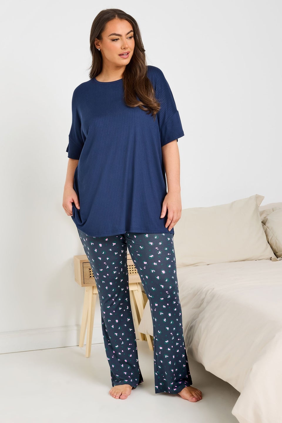 Yours Curve Navy Blue Leopard Print Flare Pyjama Bottoms