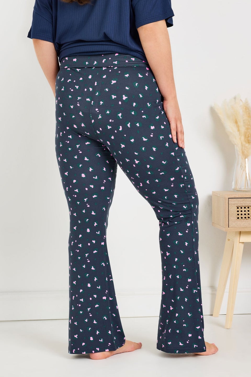 Yours Curve Navy Blue Leopard Print Flare Pyjama Bottoms