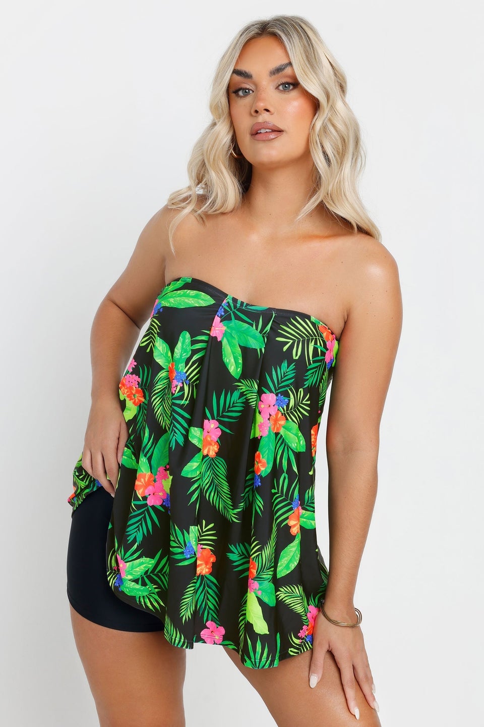 Yours Curve Black Tropical Print A-Line Tankini Top