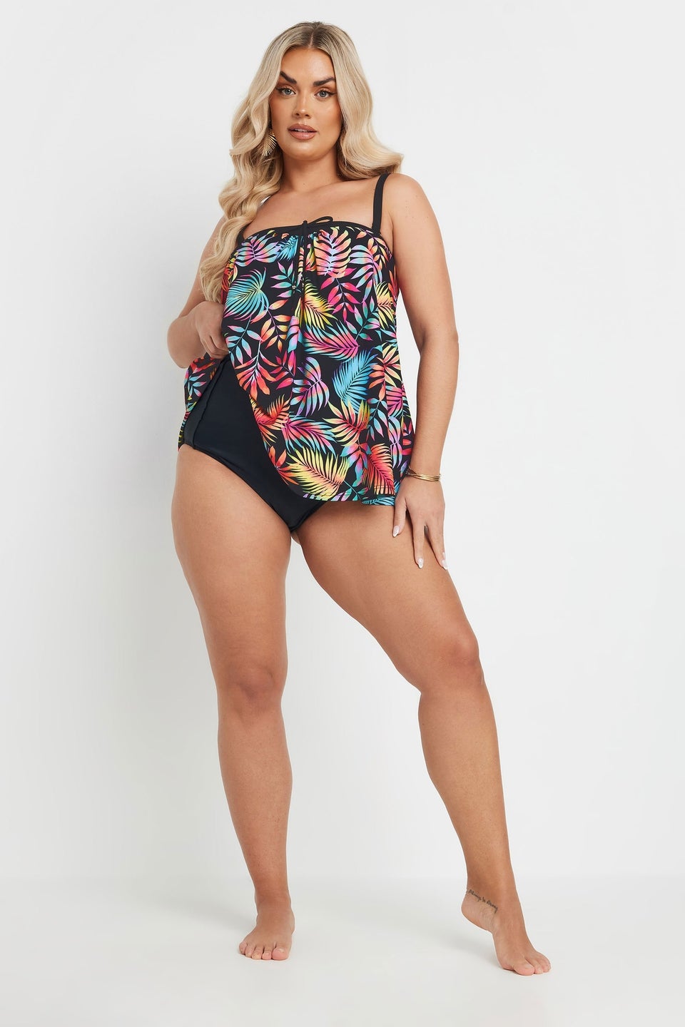 Yours Curve Black Tropical Leaf Print Tankini Top