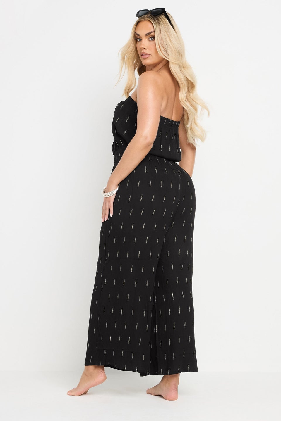 Yours Curve Black Metallic Bandeau Wide Leg Jumpsuit