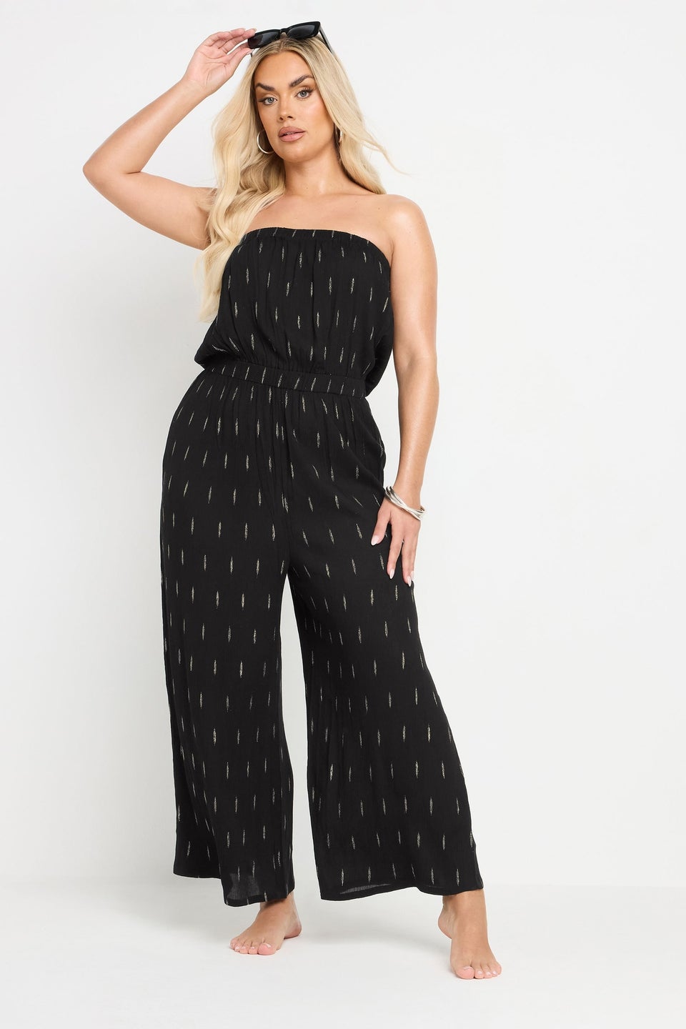 Yours Curve Black Metallic Bandeau Wide Leg Jumpsuit