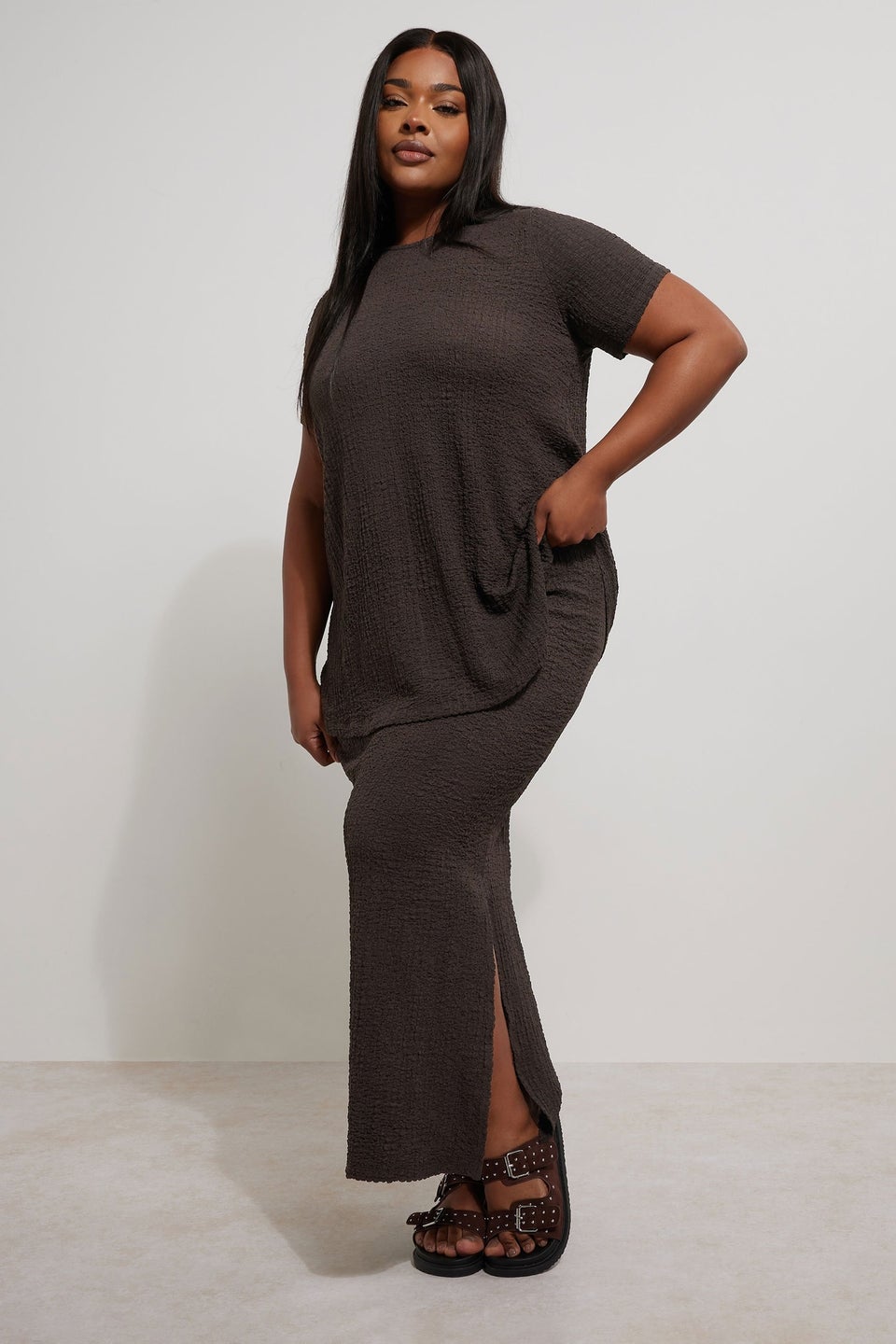 Yours Curve Chocolate Brown Textured Side Split Maxi Skirt