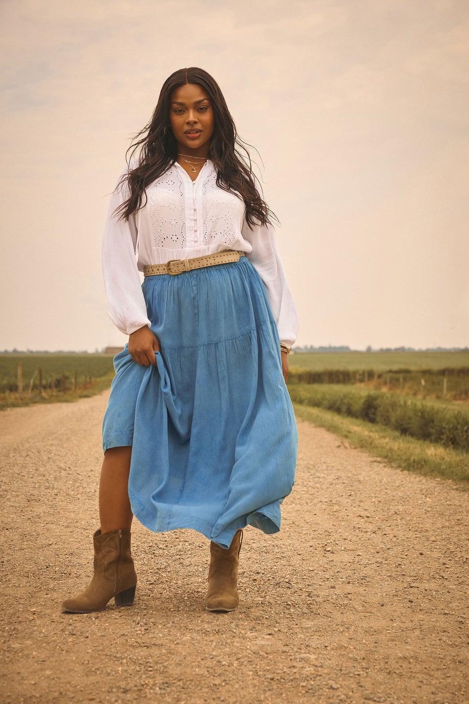 Yours Curve Blue Chambray Tiered Midi Skirt