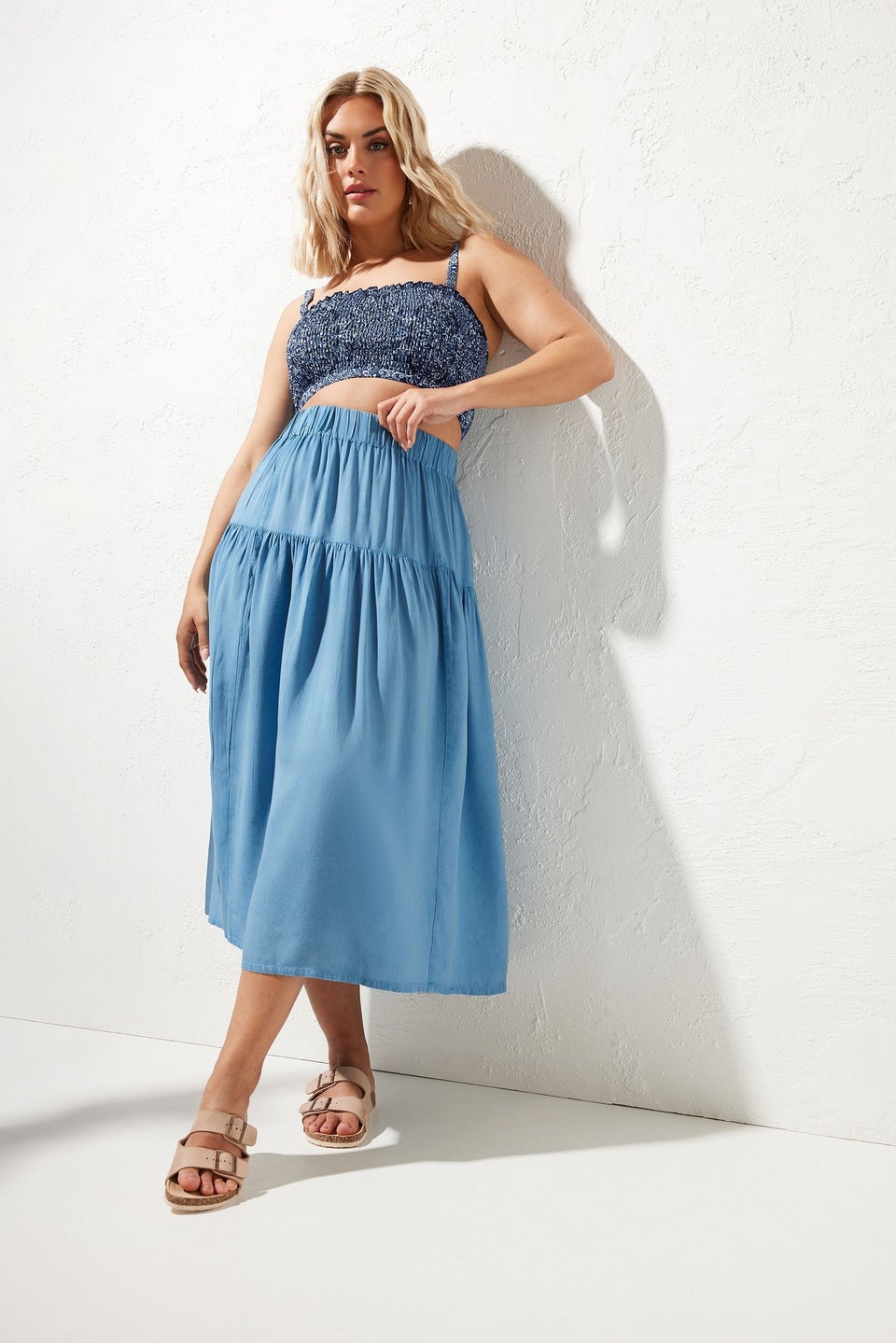 Yours Curve Blue Chambray Tiered Midi Skirt