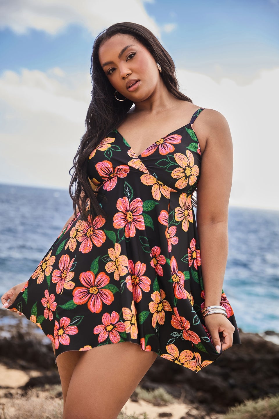 Yours Curve Black Floral Print Hanky Hem Swim Dress