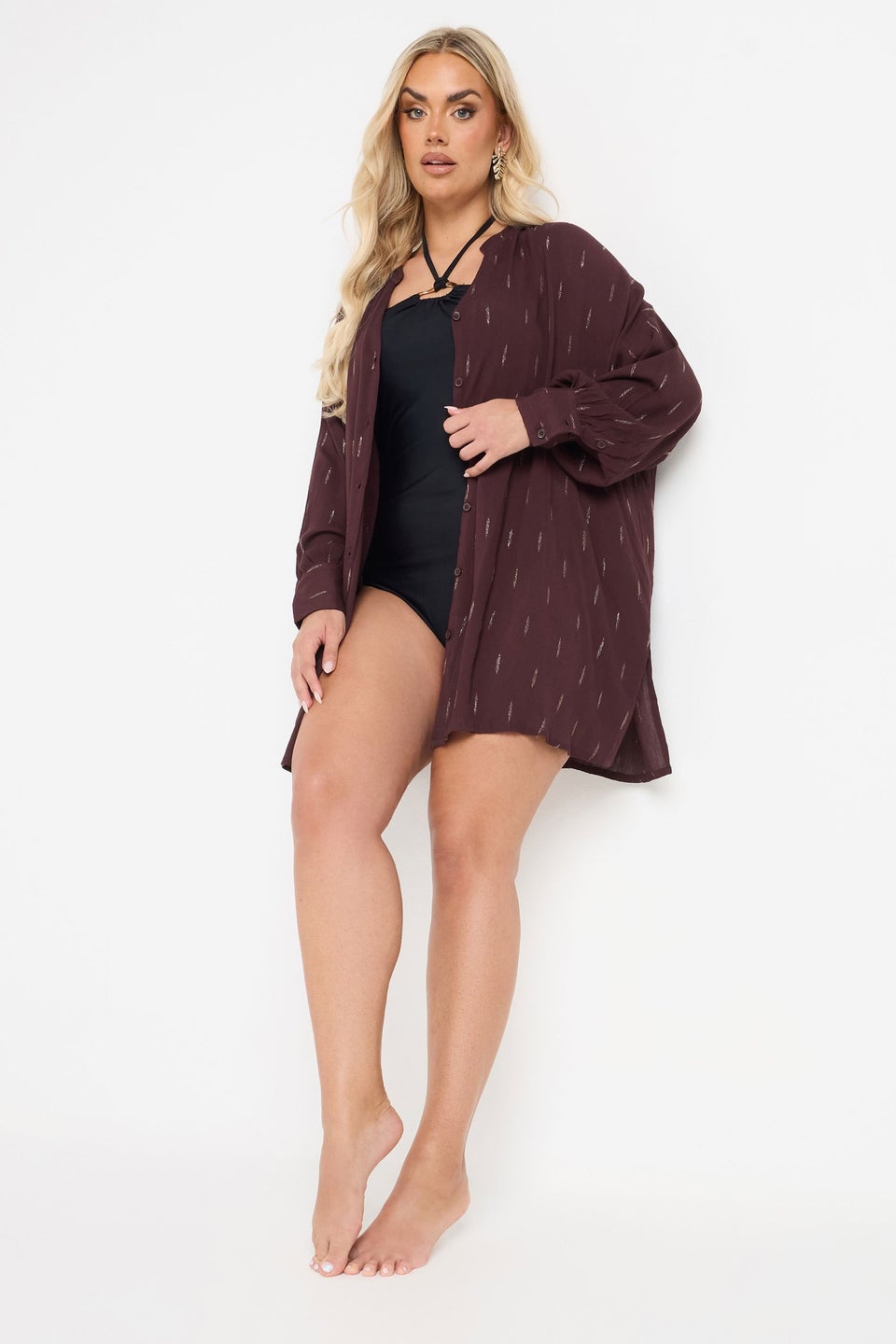 Yours Curve Brown Metallic Beach Shirt