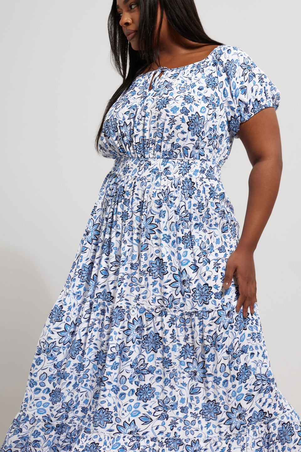 Yours Curve Blue Floral Tie Neck Tiered Maxi Dress
