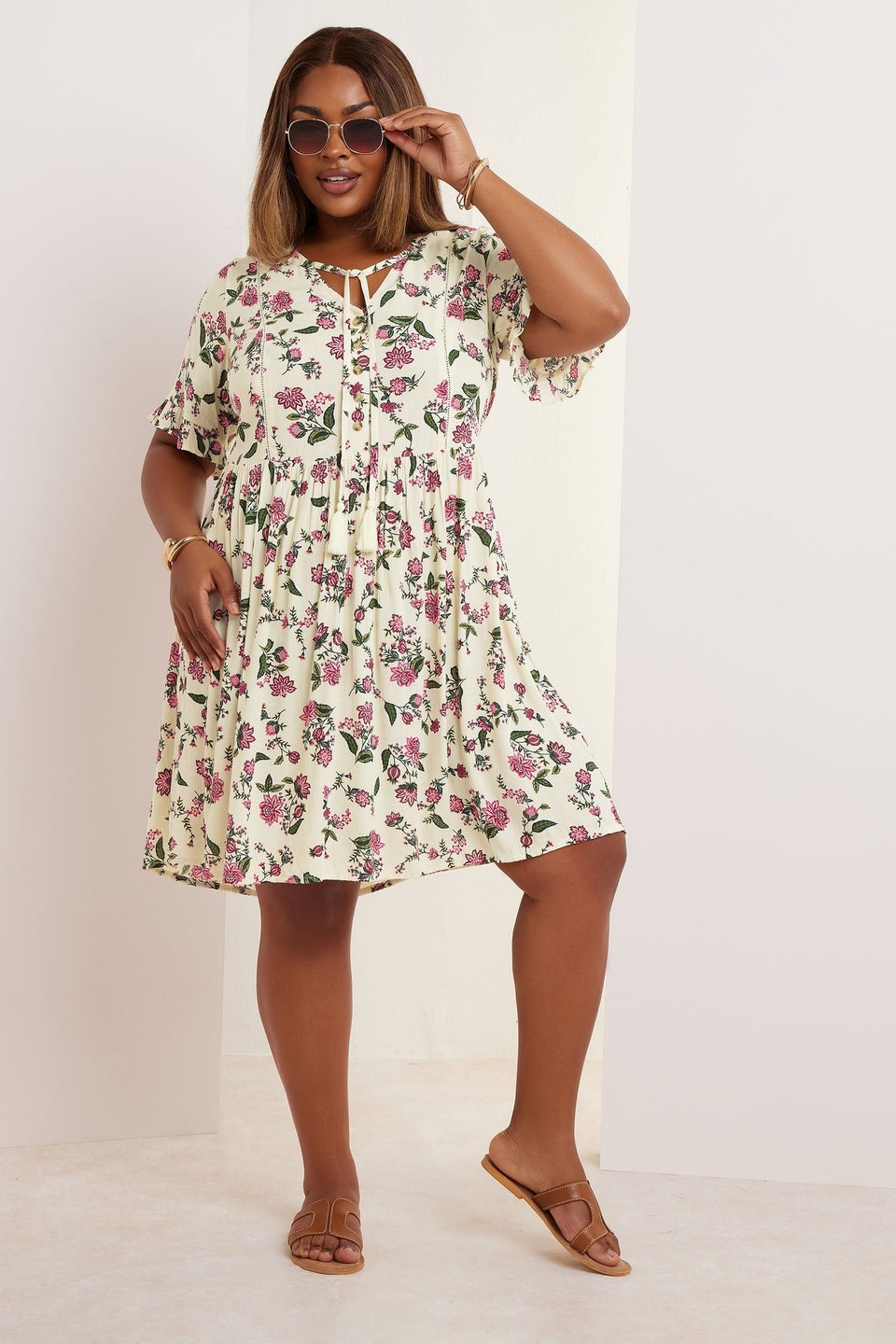 Yours Curve Cream Floral Crochet Trim Tie Neck Mini Dress