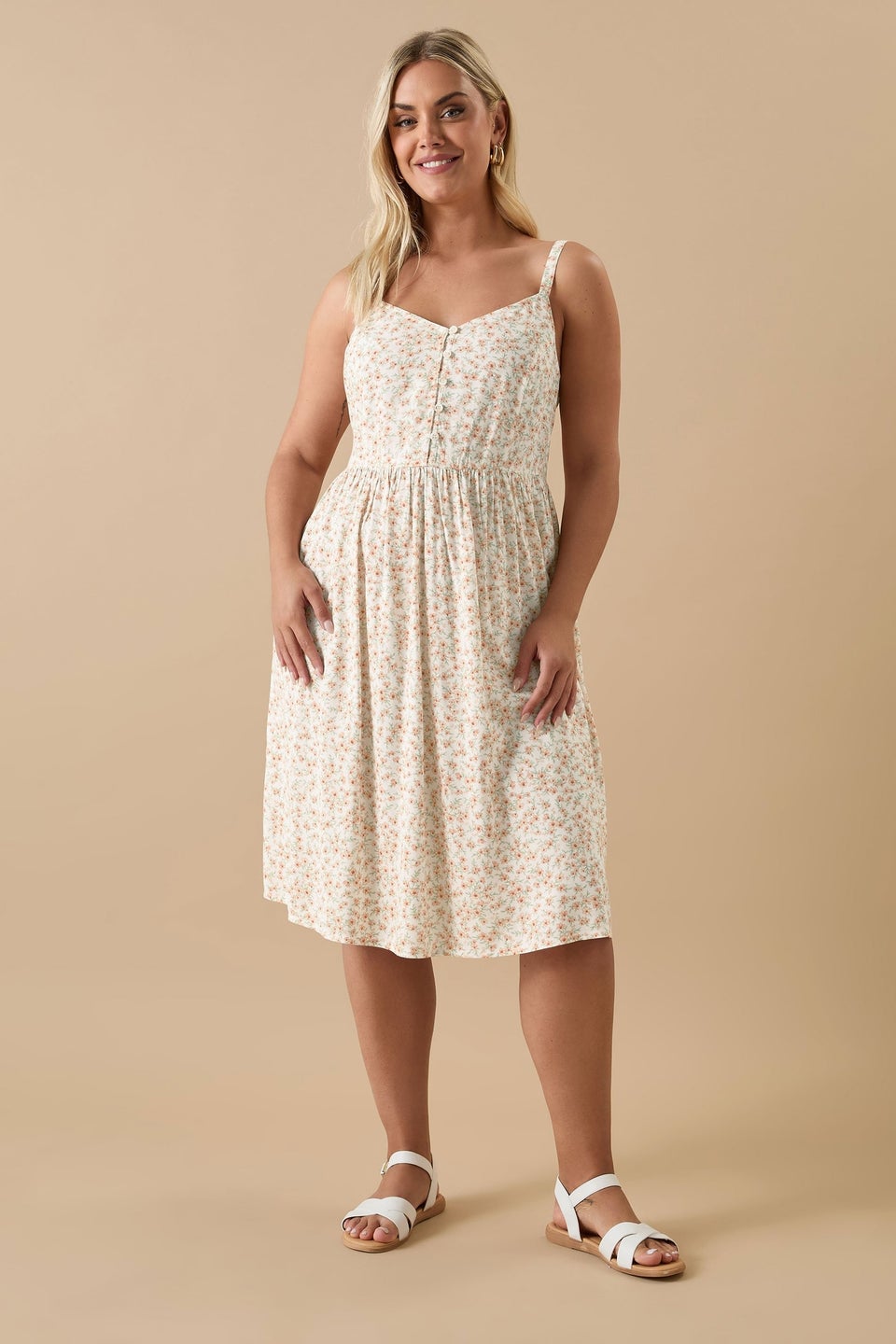 Yours Curve White Ditsy Floral Print Strappy Sundress