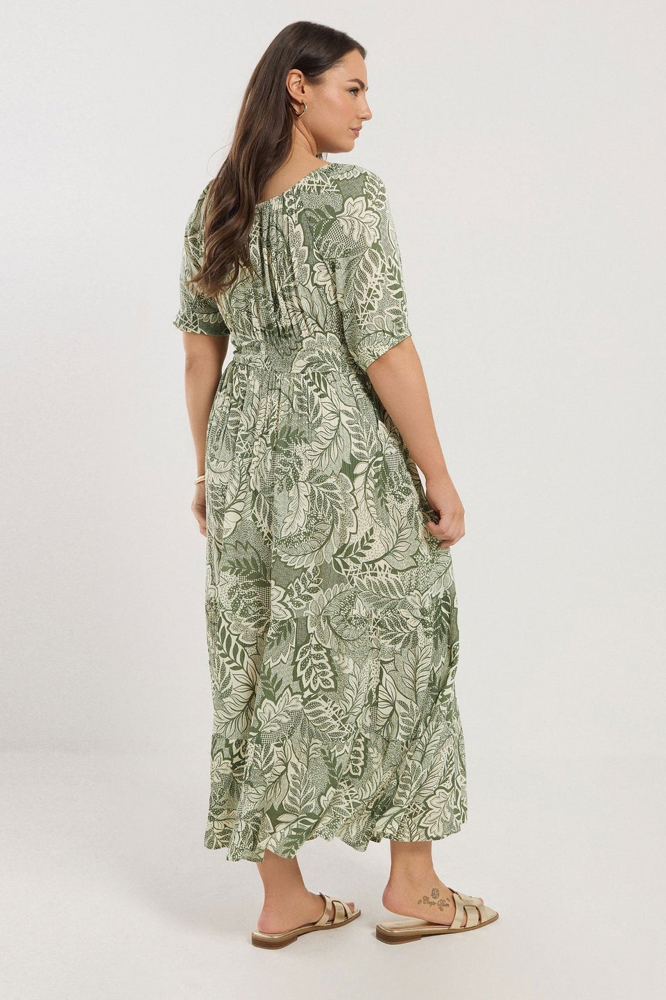 Yours Curve Green Leaf Print Tie Neck Midaxi Dress