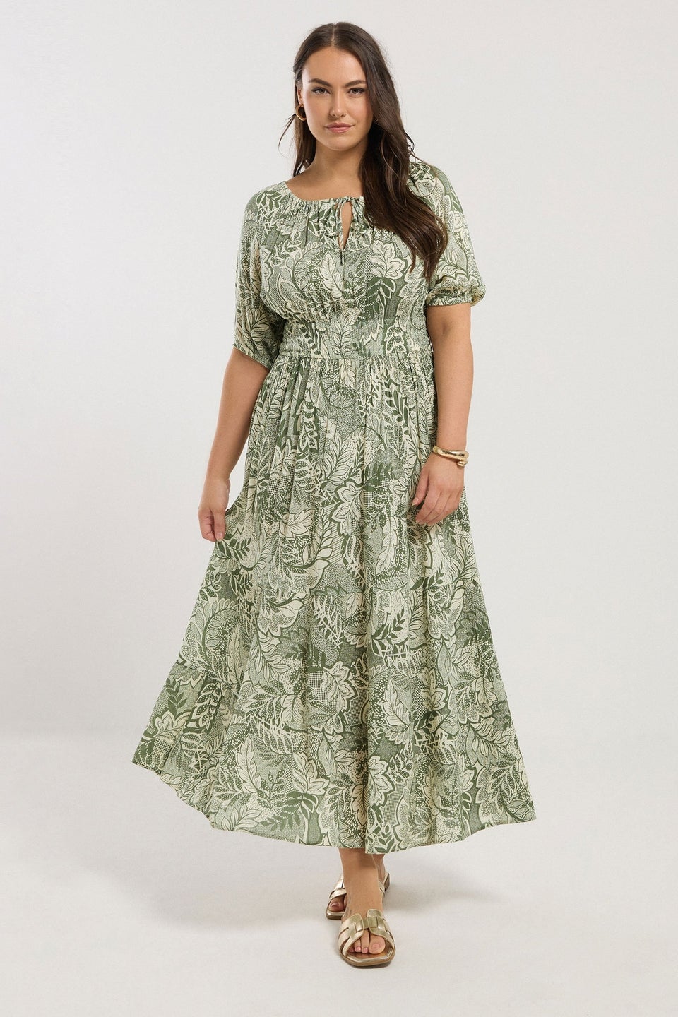 Yours Curve Green Leaf Print Tie Neck Midaxi Dress