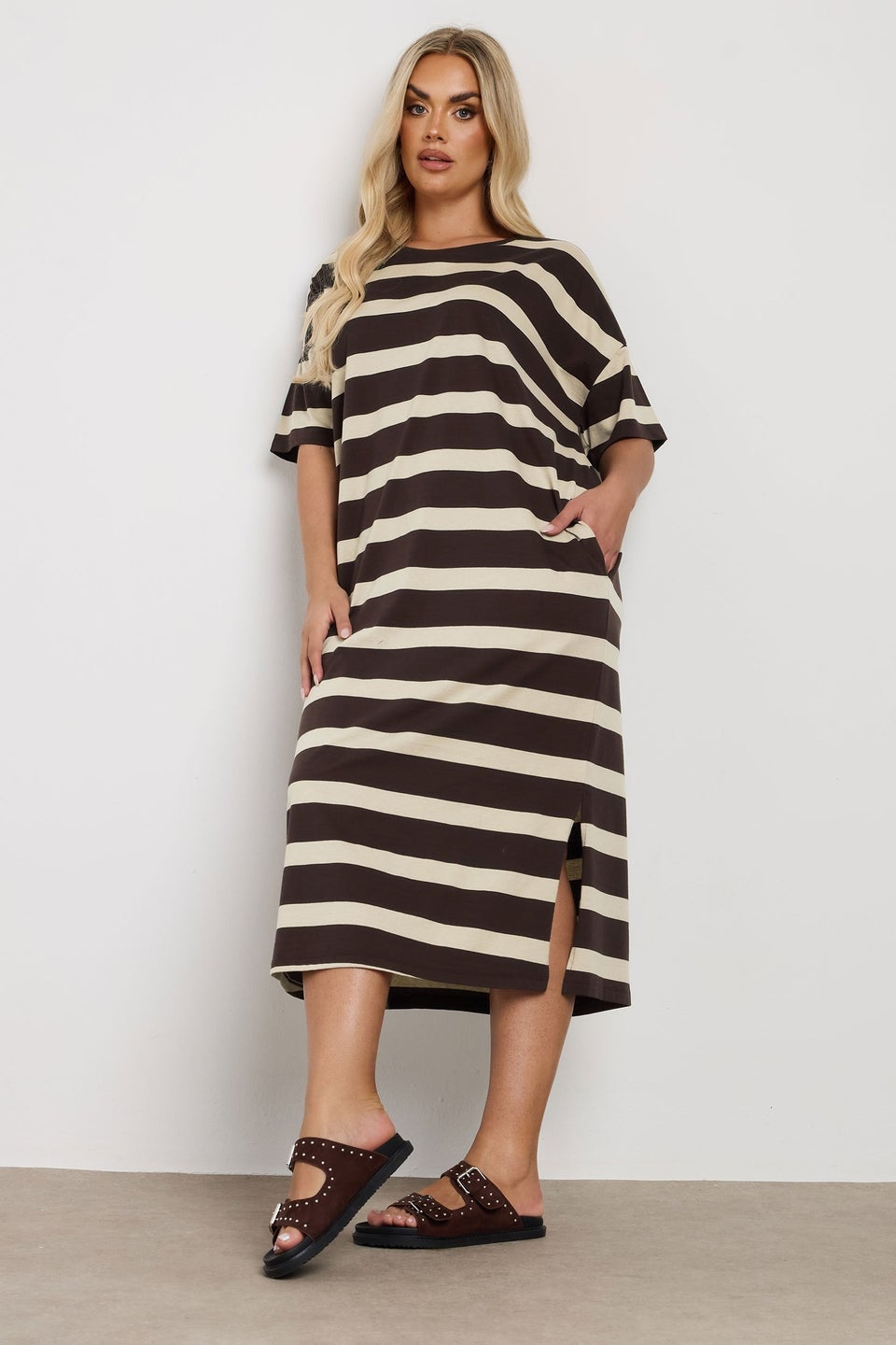 Yours Curve Brown Stripe Oversized Pocket Detail Midi Dress
