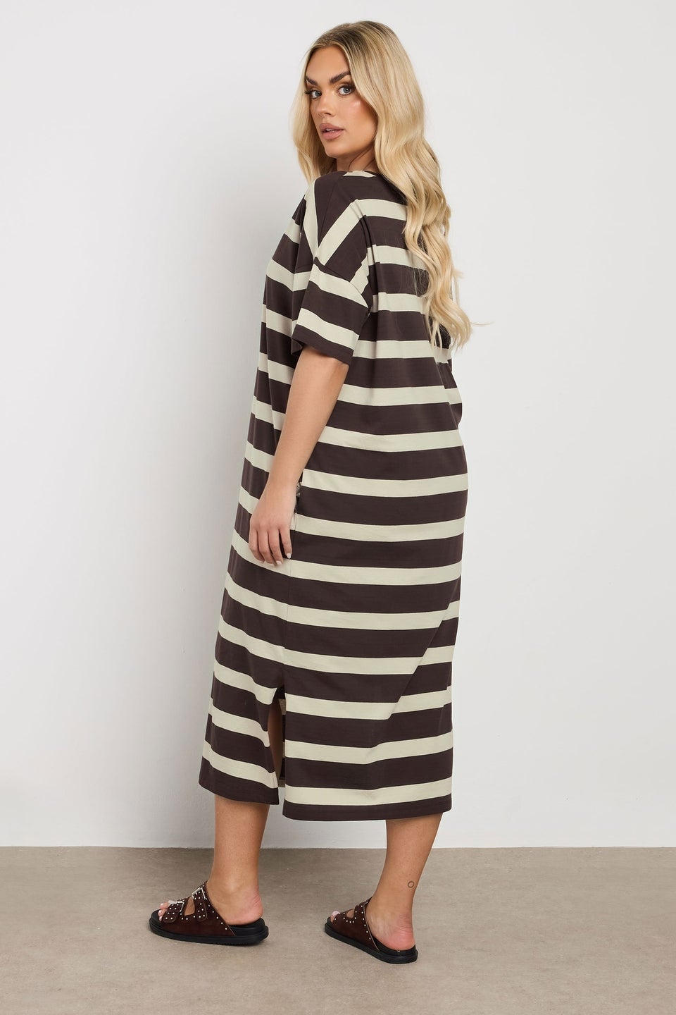 Yours Curve Brown Stripe Oversized Pocket Detail Midi Dress