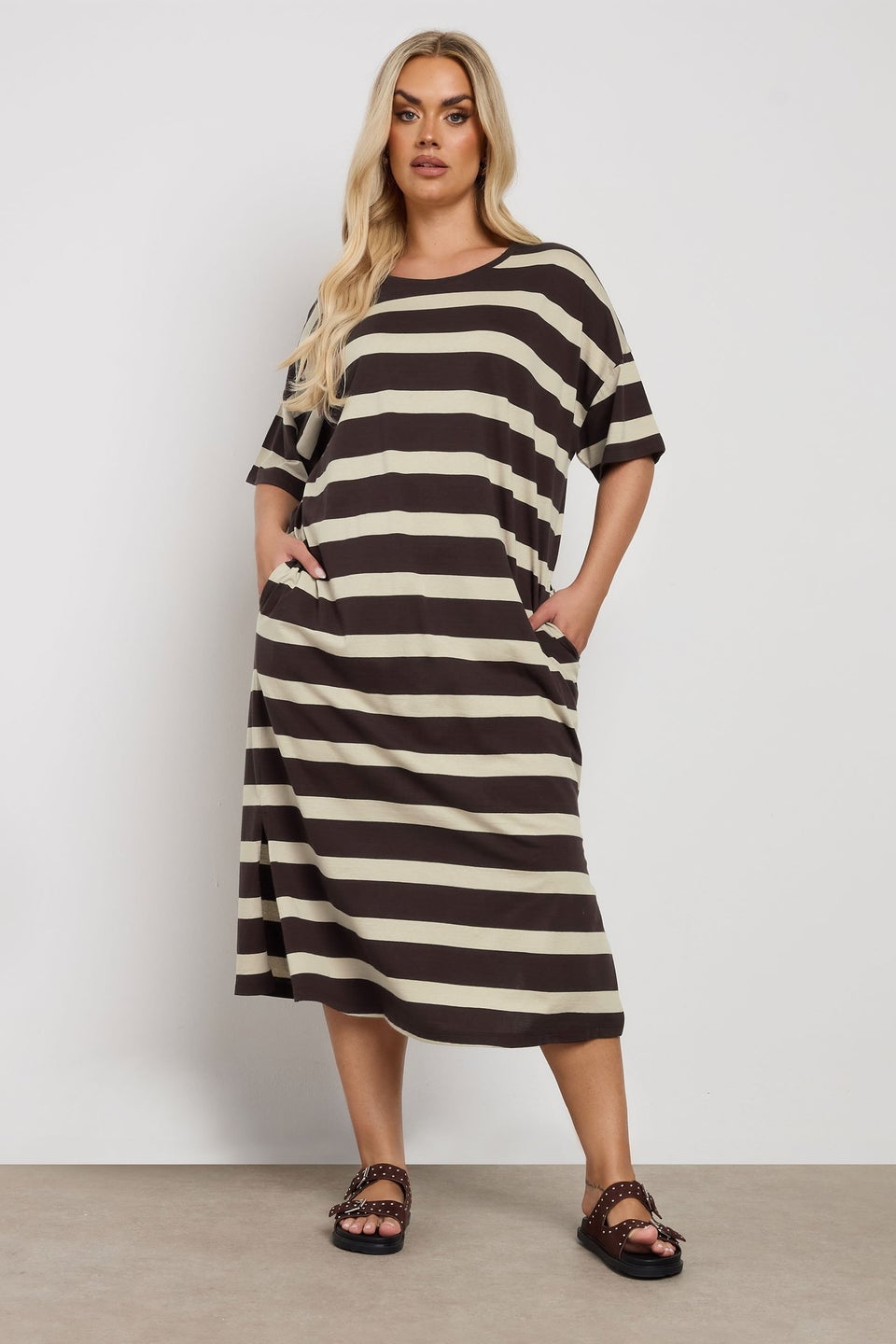 Yours Curve Brown Stripe Oversized Pocket Detail Midi Dress