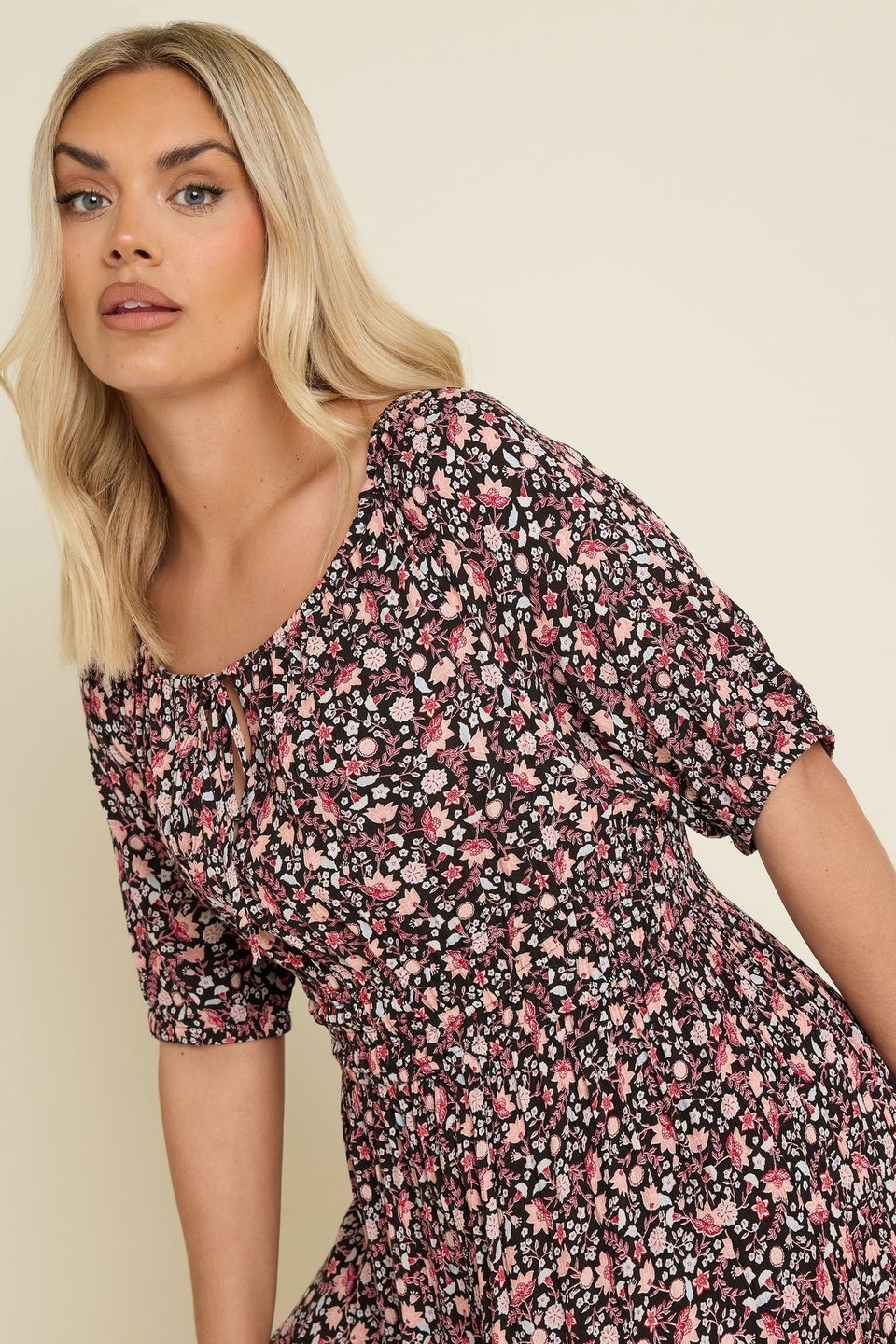 Yours Curve Black Ditsy Floral Print Tie Neck Midaxi Dress