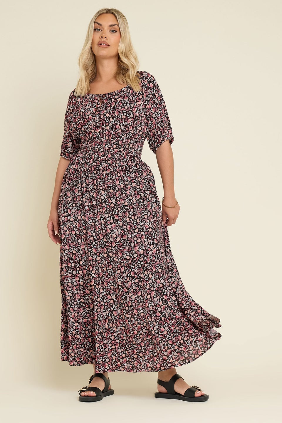 Yours Curve Black Ditsy Floral Print Tie Neck Midaxi Dress