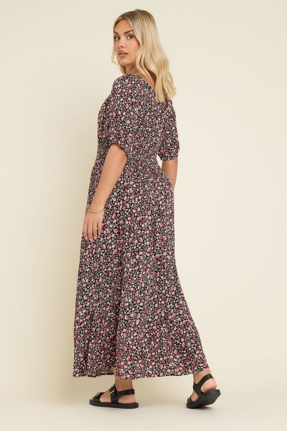 Yours Curve Black Ditsy Floral Print Tie Neck Midaxi Dress