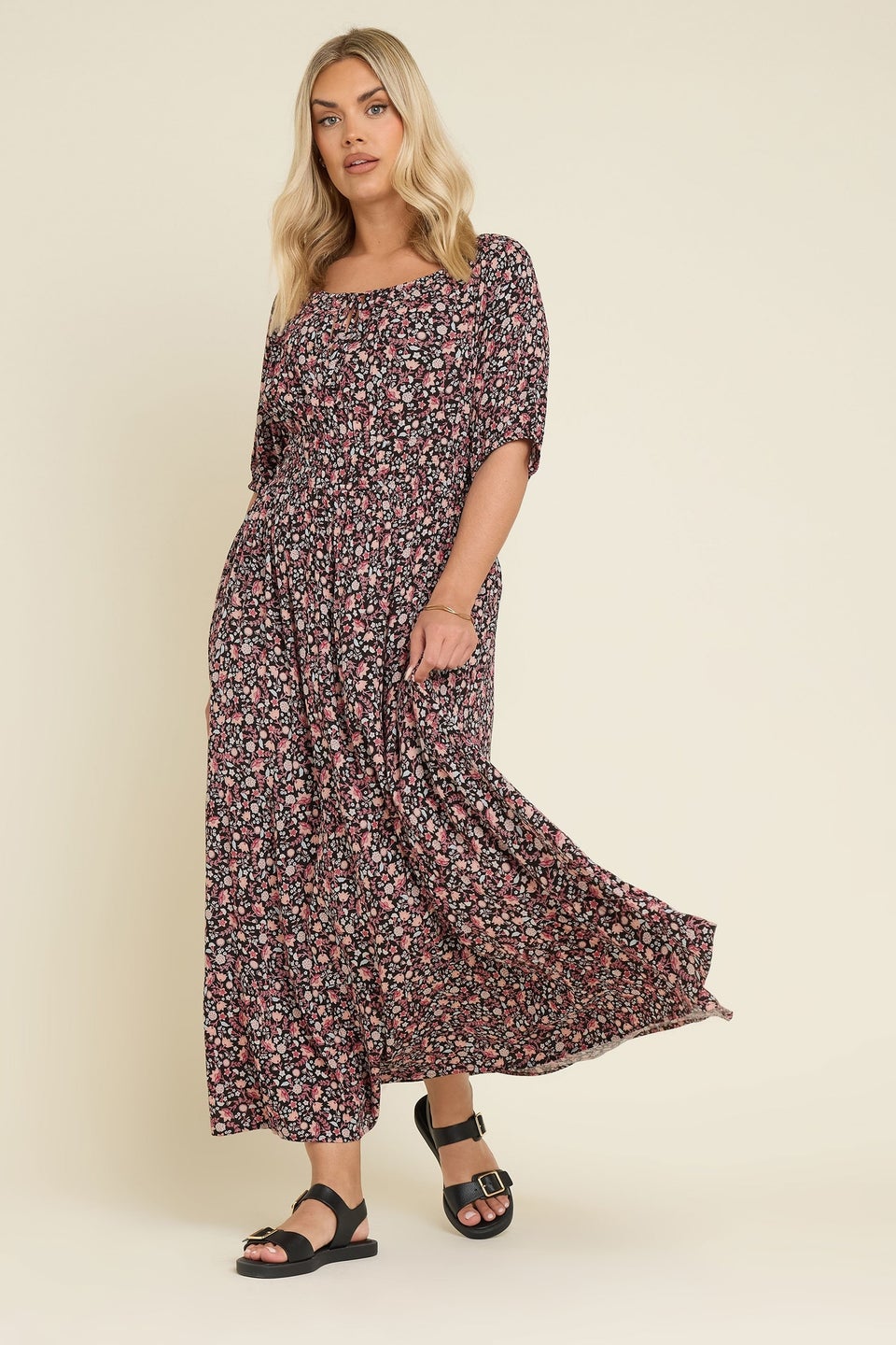 Yours Curve Black Ditsy Floral Print Tie Neck Midaxi Dress