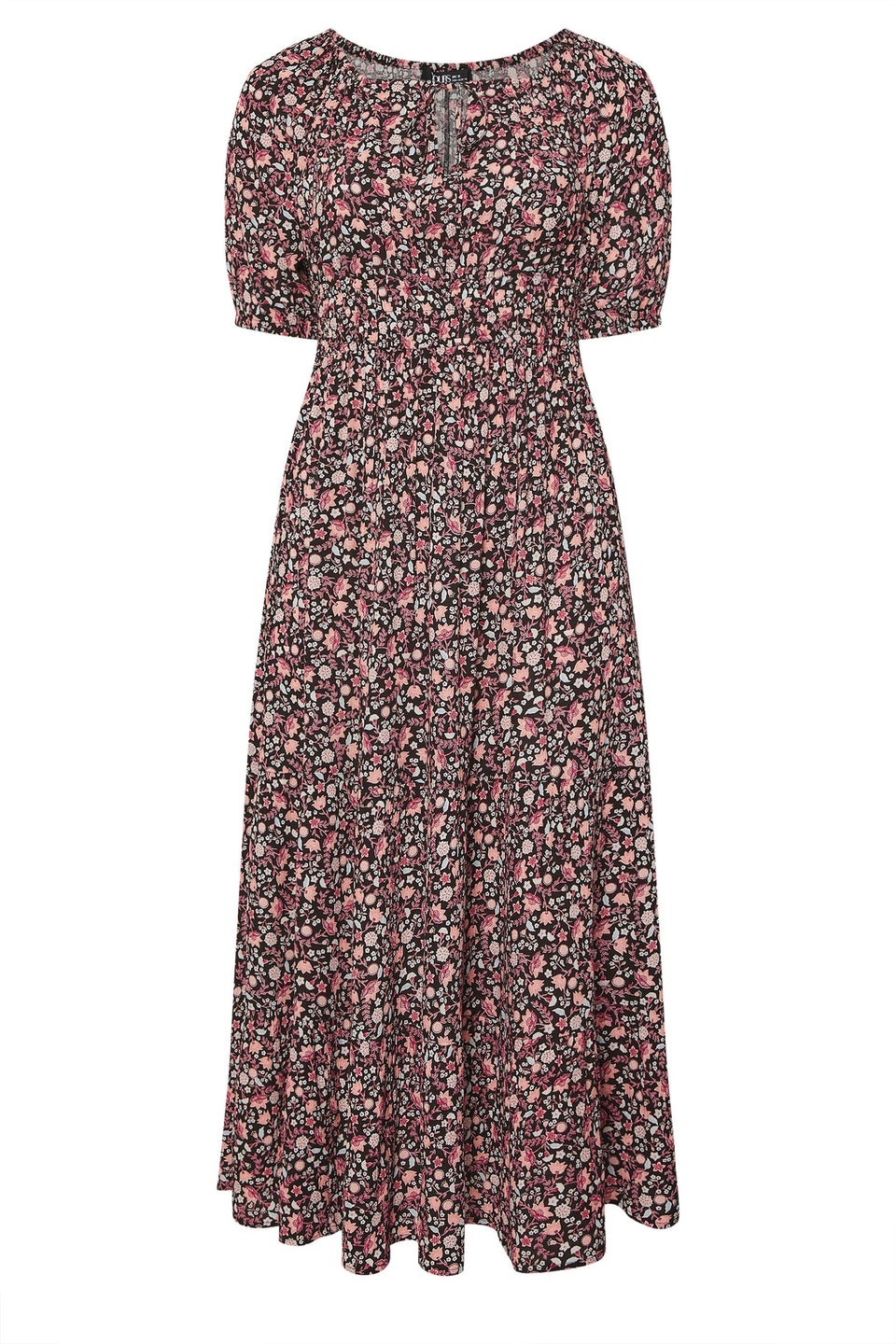 Yours Curve Black Ditsy Floral Print Tie Neck Midaxi Dress