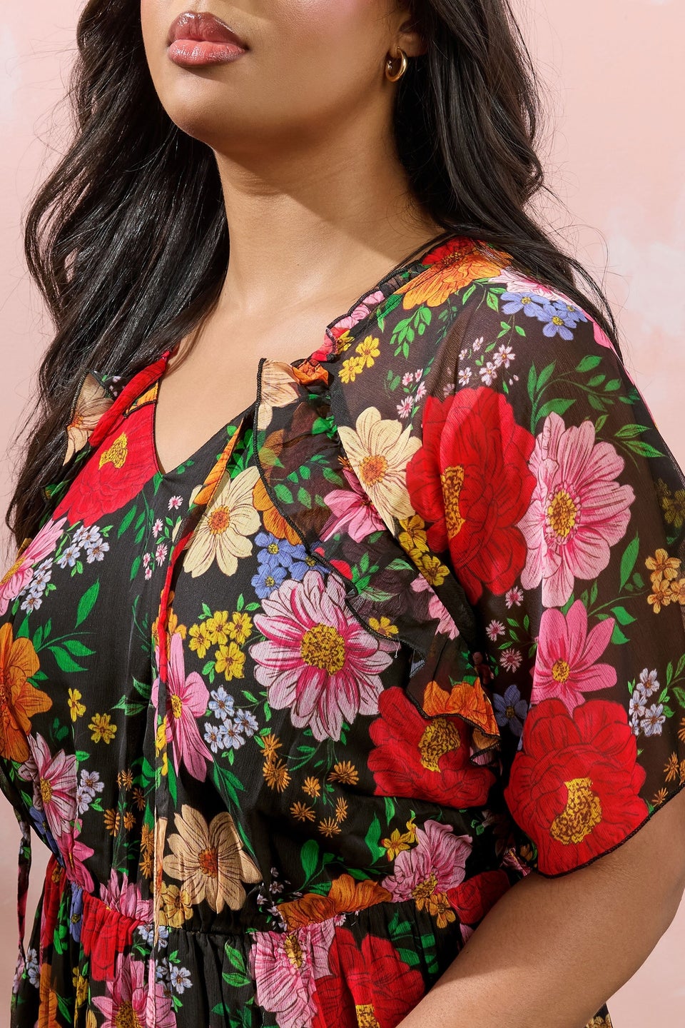 Yours Curve Black Floral Tie Neck Ruffle Mini Dress