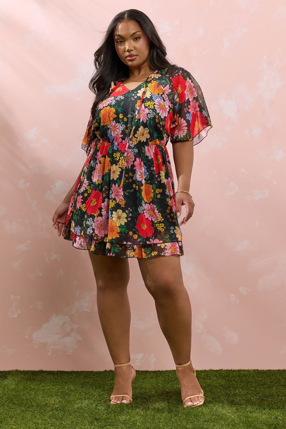 Yours Curve Black Floral Tie Neck Ruffle Mini Dress