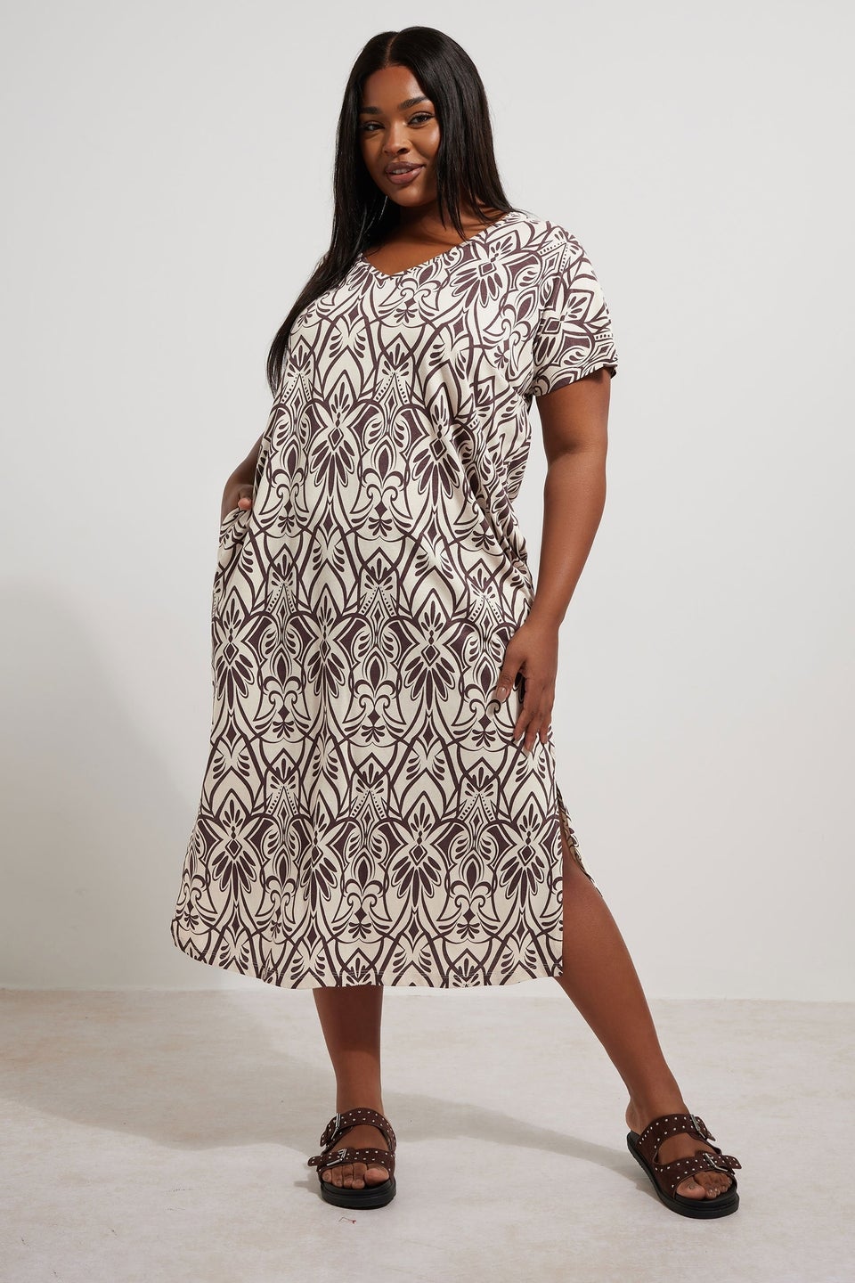 Yours Curve Natural Brown Paisley Print Midi Dress