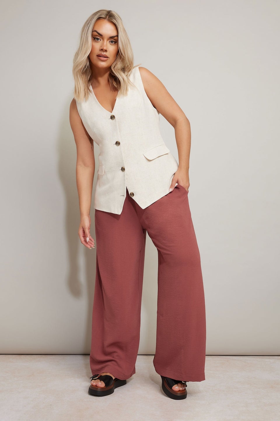 Yours Curve Rust Orange Twill Wide Leg Trousers