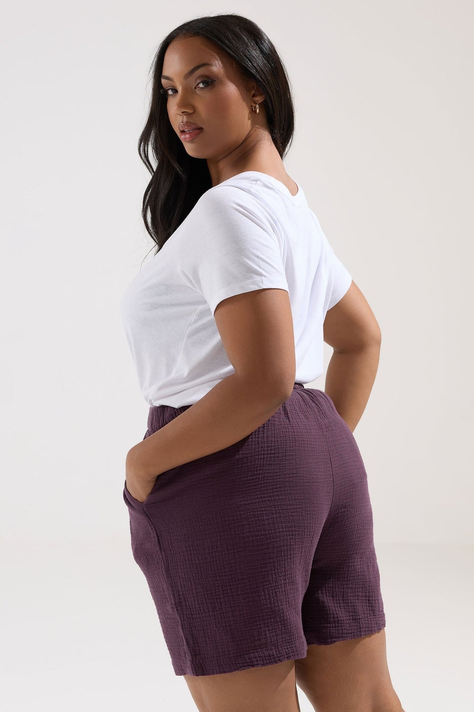 Yours Curve Purple Cotton Cheesecloth Shorts